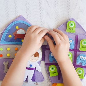 Felt Quiet baby toy Montessori busy toddler book Educational toy Tic tac toe Rocket ship Baby gift Fine motor skills Sensory travel image 9