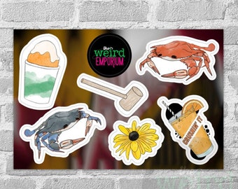 4" x 6" Maryland Sticker Sheet, Baltimore Sticker, Crab Sticker, Snowball Sticker, Orange Crush Sticker, Black Eyed Susan Sticker