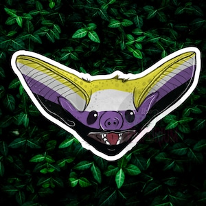 May include: A cartoon bat with yellow, white, and purple stripes on its wings. The bat has a purple face with black eyes and a red tongue sticking out.