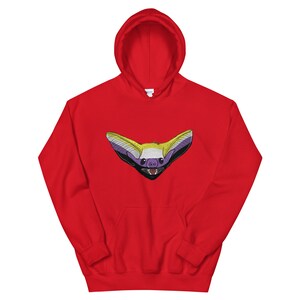 May include: Red hooded sweatshirt with a graphic of a bat with yellow and purple wings. The bat has a purple face and a yellow nose.