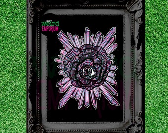Pink Dot Eyeball Crystals Print, witchy print, spooky decor, eyeball flower, crystal print, pink and green, spooky flower