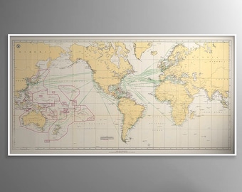 Antique World Map Print: US Post Office Nautical Chart (40x80 inches)