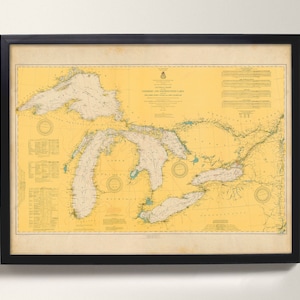 Great Lakes riesige alte Karte von Lakes Superior, MIganchigan, Huron, Erie, Ontario | Vintage nautische Karte der Großen Seen der USA