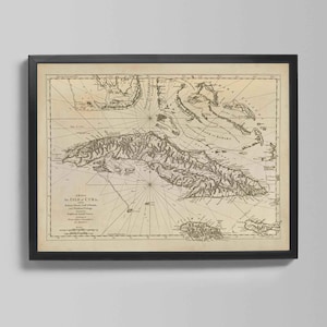 Może przedstawiać: Oprawiona, zabytkowa mapa Kuby, przedstawiająca szczegółowe informacje o geografii wyspy i okolic. Mapa jest wydrukowana na postarzanym papierze i oprawiona w czarną ramę. Tekst widoczny w lewym dolnym rogu.