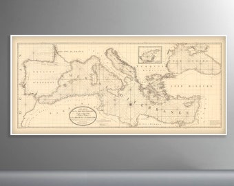HUGE Old Mediterranean Sea Chart | Historical Map of Spain, France, Italy, Greece, Greek Islands, Russia - Western Med to Black Sea