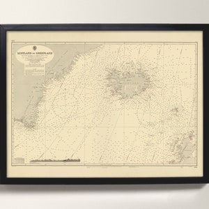 Escócia para Groenlândia | Enorme decoração de parede, Carta Histórica do Mar Escocês – Presente para Marinheiro, Presente de Iatismo | Islândia, Atlântico, Escócia, Reino Unido