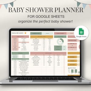 May include: A laptop screen displaying a digital baby shower planner for Google Sheets. The dashboard features a multi-coloured layout with sections for event details, a task list, a guest count, a party timeline, and budget tracking charts.