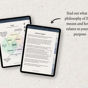 May include: Two iPad screens showing a diagram and text about the Japanese concept of Ikigai. The diagram shows four overlapping circles representing passion, mission, profession, and vocation. The text explains the meaning of Ikigai and how it relates to finding your life purpose.