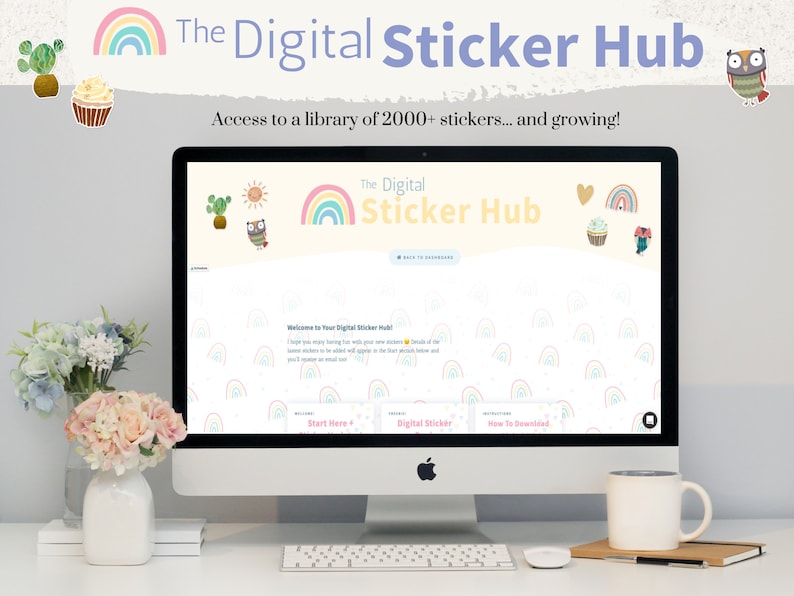 Puede incluir: Una pantalla de ordenador que muestra un sitio web llamado "The Digital Sticker Hub" con un fondo de arco&iacute;ris y el texto "Acceso a una biblioteca de m&aacute;s de 2000 pegatinas... &iexcl;y creciendo!"