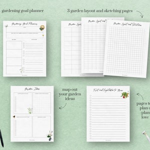 May include: Printable gardening planner pages with illustrations of a bee, a watering can, a garden trowel, and a flower. The pages include sections for gardening goals, garden ideas, garden layout and sketching, and a list of fruits and vegetables to grow.