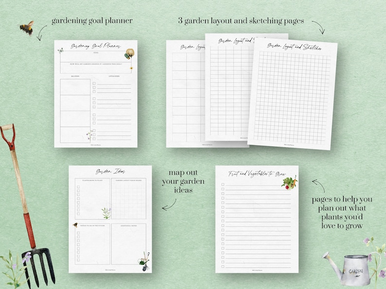 May include: Printable gardening planner pages with illustrations of a bee, a watering can, a garden trowel, and a flower. The pages include sections for gardening goals, garden ideas, garden layout and sketching, and a list of fruits and vegetables to grow.