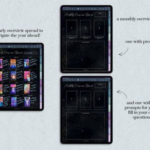 Showing an example of the yearly tarot page with uploaded tarot card images plus the blank monthly 3-spread pages