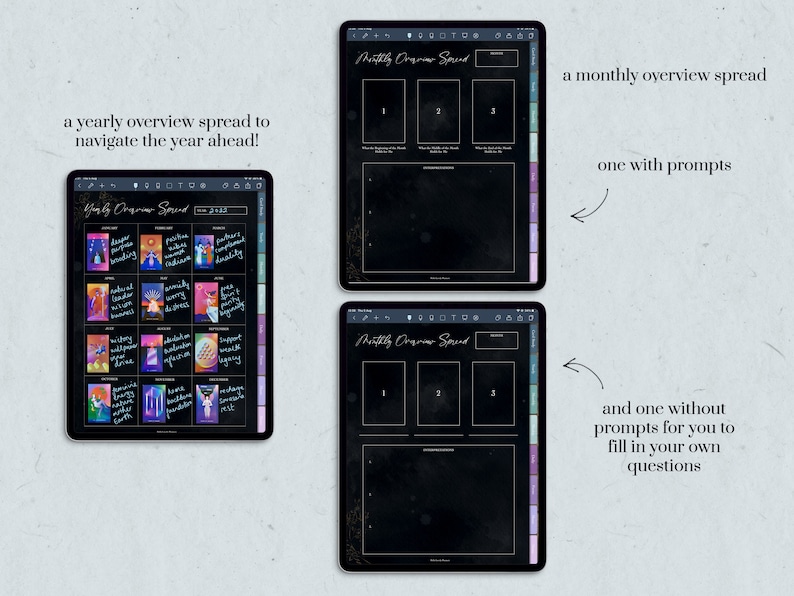 Showing an example of the yearly tarot page with uploaded tarot card images plus the blank monthly 3-spread pages