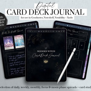 Diario digitale con mazzo di carte stregonesche, diario con carte oracolo, diario digitale con tarocchi, pianificatore stregonesco, diario in modalità scura, Goodnotes, pianificatore per iPad