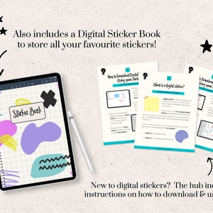 Puede incluir: Un libro de pegatinas digitales con un dise&ntilde;o abstracto colorido en la portada. El libro est&aacute; abierto en la pantalla de una tableta. Hay tres p&aacute;ginas de instrucciones sobre c&oacute;mo descargar y usar pegatinas digitales.