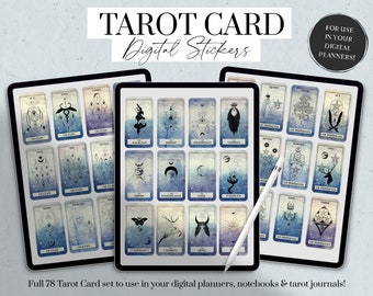 May include: A digital planner sticker set featuring 78 tarot cards with a watercolor background. The cards are arranged in rows on a digital tablet screen. The text "TAROT CARD Digital Stickers" is at the top of the image. The text "FOR USE IN YOUR DIGITAL PLANNERS!" is in the upper right corner of the image. The text "Full 78 Tarot Card set to use in your digital planners, notebooks & tarot journals!" is at the bottom of the image.