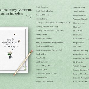 May include: A printable yearly gardening planner with a watercolor illustration of gardening tools and a bee. The planner includes sections for yearly overview, seasonal tasks, monthly gardening calendars, weekly to-do's, a day in the garden, garden layouts, plant wishlists, and more.