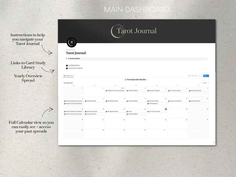 May include: A black and white digital dashboard for a tarot journal. The dashboard includes a calendar, links to a card study library, and a yearly overview spread. The text "Tarot Journal" is displayed at the top of the dashboard.