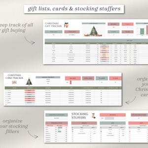 May include: Three printable Christmas planner worksheets with green and brown borders. The top worksheet is titled "Christmas Gift Tracker" and has columns for "Gift Ideas", "For", "Store", "Price", "Bought", "Wrapped", and "Delivered". The middle worksheet is titled "Christmas Card Tracker" and has columns for "Name", "Address", "Sent", "Bought", "Written", "Stamped", and "Delivered". The bottom worksheet is titled "Stocking Stuffers" and has columns for "Items", "Quantity", "Bought", "Wrapped", and "Delivered".
