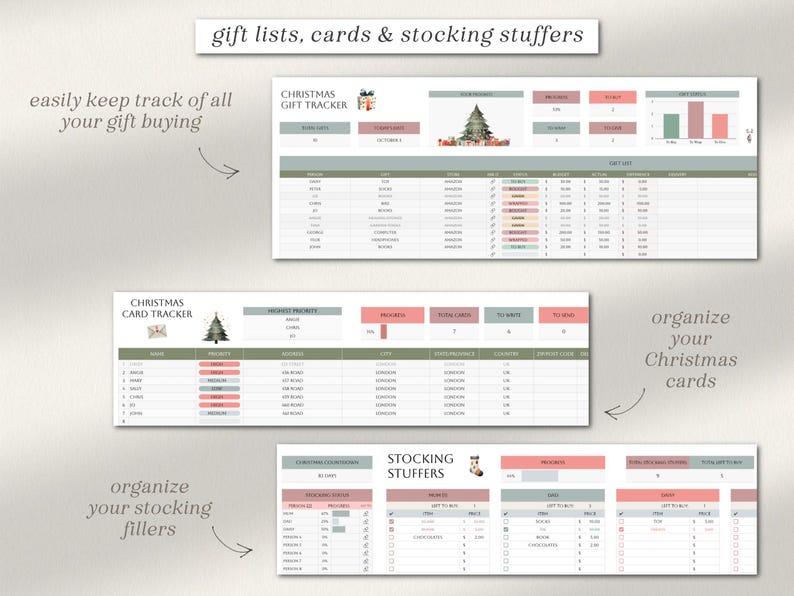 May include: Three printable Christmas planner worksheets with green and brown borders. The top worksheet is titled "Christmas Gift Tracker" and has columns for "Gift Ideas", "For", "Store", "Price", "Bought", "Wrapped", and "Delivered". The middle worksheet is titled "Christmas Card Tracker" and has columns for "Name", "Address", "Sent", "Bought", "Written", "Stamped", and "Delivered". The bottom worksheet is titled "Stocking Stuffers" and has columns for "Items", "Quantity", "Bought", "Wrapped", and "Delivered".