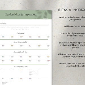 May include: A printable garden planner worksheet with sections for plant wishlist, garden accessory wishlist, flowers and plants to grow, and fruits and vegetables to grow. The worksheet includes ideas and inspiration for creating a garden, such as creating a brain dump of wishlists, adding lists of plants to buy, creating a list of garden accessories, getting specific with the types of flowers and plants, thinking about what fruits and vegetables to grow, and creating a database of garden project ideas.