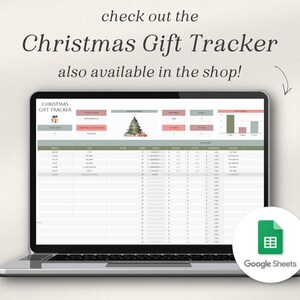 May include: A laptop computer displaying a Google Sheets spreadsheet titled "Christmas Gift Tracker". The spreadsheet has columns for recipient, gift, cost, and other details. The spreadsheet is decorated with a Christmas tree and presents.