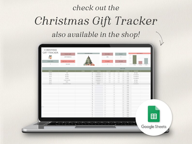 May include: A laptop computer displaying a Google Sheets spreadsheet titled "Christmas Gift Tracker". The spreadsheet has columns for recipient, gift, cost, and other details. The spreadsheet is decorated with a Christmas tree and presents.