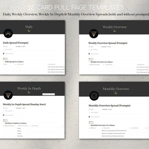 May include: Four printable tarot card pull page templates for daily, weekly, weekly in depth, and monthly spreads. Each template includes a title, date, space for prompts, and a section for a spread at a glance.