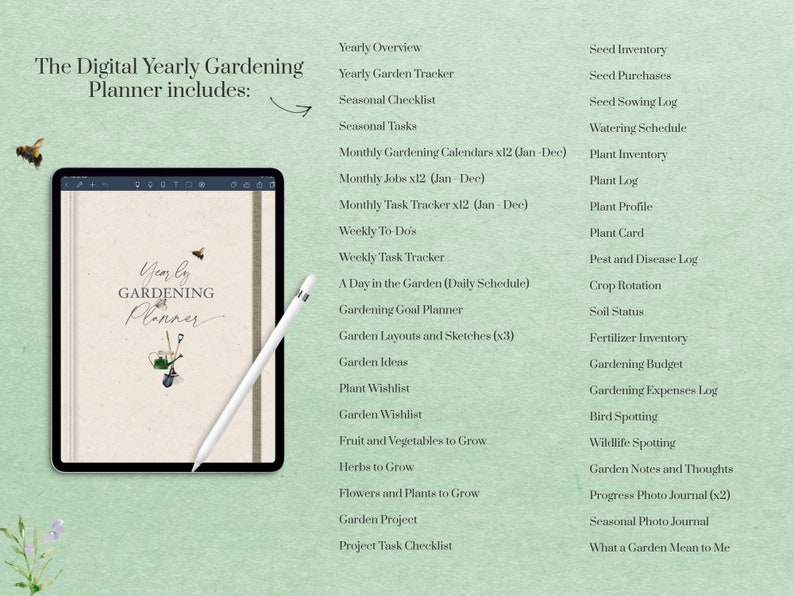 Może przedstawiać: Cyfrowy roczny planer ogrodniczy z zielonym tłem i tabletem wyświetlającym tytuł "Yearly Gardening Planner". Planer zawiera sekcje dotyczące rocznego przeglądu, sezonowych list kontrolnych, miesięcznych kalendarzy ogrodniczych, cotygodniowych list zadań, dnia w ogrodzie, układ&oacute;w ogrod&oacute;w, list życzeń roślin i wiele więcej.