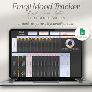 以下が含まれることがあります： Google スプレッドシート用に設計された、ダークモードの「絵文字ムードトラッカー」スプレッドシートがラップトップに表示されています。 スプレッドシートには、ムードキー、カレンダー、円グラフが含まれています。 画面のテキストは「a simple way to track your daily mood!」と表示されています。