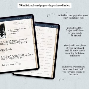 Może przedstawiać: Dwa ekrany tabletu cyfrowego pokazujące dziennik kart tarota z hiperłączonym indeksem. Dziennik zawiera 78 indywidualnych stron kart do studiowania każdej karty tarota. Dziennik zawiera wszystkie karty Wielkich i Małych Arkan&oacute;w, 78 w sumie. Dziennik zawiera r&oacute;wnież hiperłączoną sekcję indeksu, aby pom&oacute;c w nawigacji do dowolnej karty.