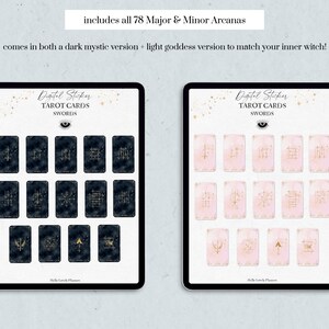 May include: Digital tarot card stickers displayed on two tablets. One set features dark blue cards with gold accents, the other, light pink cards with gold accents. Text includes "Digital Sticker", "Tarot Cards", and "Swords". The image also states "includes all 78 Major & Minor Arcanas".