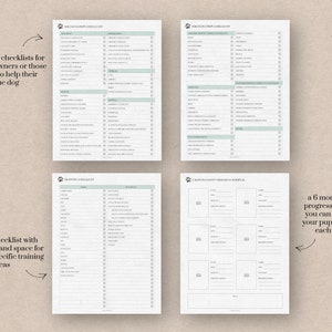 May include: Printable checklists and journal pages for new puppy owners. The checklists include socialization and training tips, while the journal helps track puppy progress over six months.