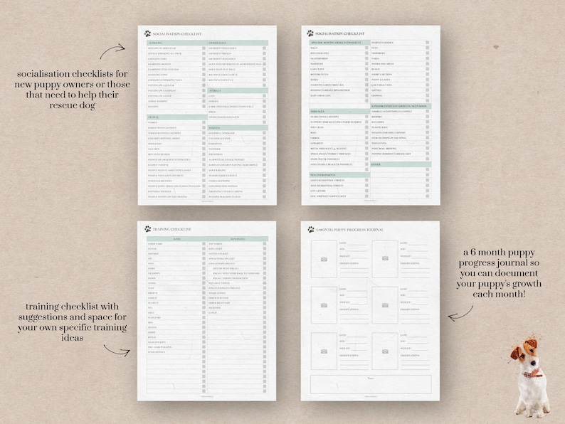 May include: Printable checklists and journal pages for new puppy owners. The checklists include socialization and training tips, while the journal helps track puppy progress over six months.