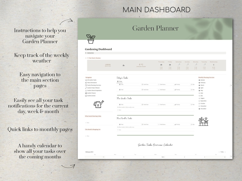 May include: A printable garden planner with a green and white color scheme. The planner includes a gardening dashboard, a weekly weather tracker, a calendar, and a section for daily, weekly, and monthly tasks. The text "Garden Planner" is at the top of the page.