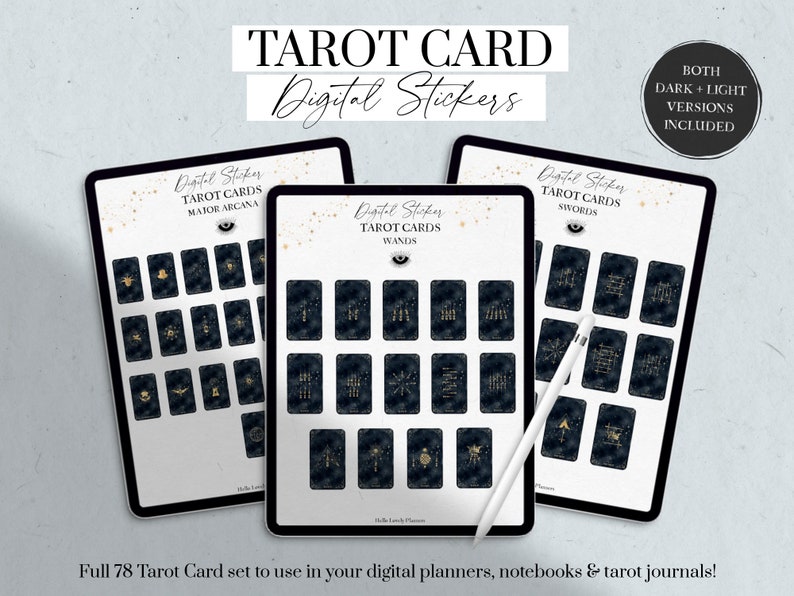 May include: Digital tarot card stickers displayed on three tablets. The tablets showcase various tarot card designs in dark and light versions, including Major Arcana, Wands, and Swords. The text reads "TAROT CARD Digital Stickers".