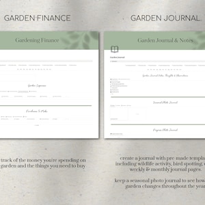 May include: Two printable pages for a garden journal and finance tracker. The journal page has a green leaf design and the text "Garden Journal & Notes". The finance page has a camera icon and the text "Gardening Finance".