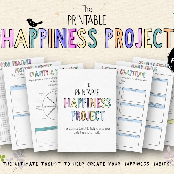 Printable Happiness Project, Self-Care Planner, Gratitude, Self-Love, Positivity, Mental Health, Positive Habits, Daily Focus, Goal Planner