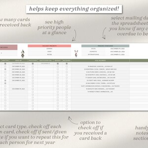 May include: A printable holiday card tracker with sections for card type, recipient, mailing date, and notes. The tracker includes a section for high priority people and a section for tracking cards received back.