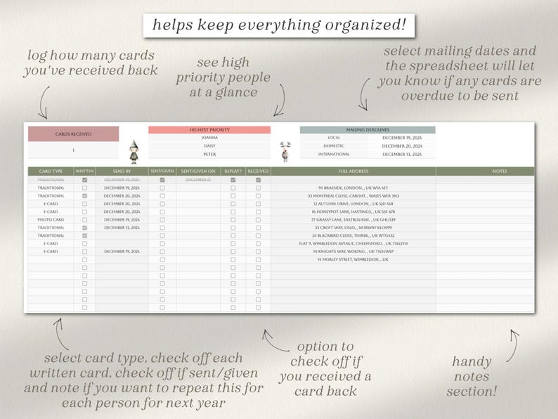 May include: A printable holiday card tracker with sections for card type, recipient, mailing date, and notes. The tracker includes a section for high priority people and a section for tracking cards received back.
