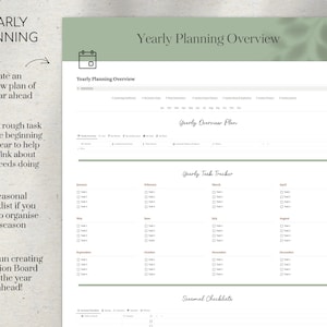 May include: A printable yearly planner with sections for an overview plan, a yearly task tracker, and seasonal checklists. The planner is designed to help you organize your year ahead.