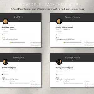 May include: Four printable tarot card spread templates for each moon phase: Full Moon, Waning Gibbous, Last Quarter, and Waning Crescent. Each template includes a title, date, space for notes, and a section for a "Spread at a Glance" with questions to ask for each card.