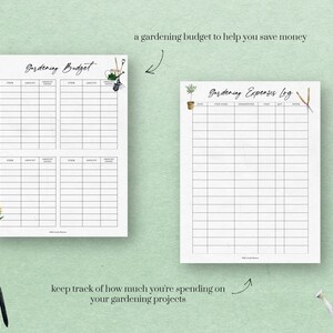 May include: Printable gardening budget and expense log worksheets. The budget worksheet has four sections for item, amount, date, and notes. The expense log has columns for date, item, description, cost, and notes. Both worksheets have a watercolor illustration of gardening tools.