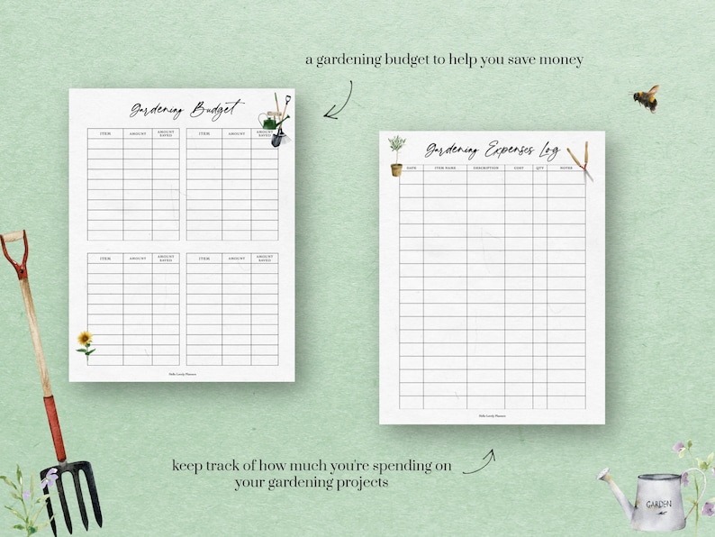 May include: Printable gardening budget and expense log worksheets. The budget worksheet has four sections for item, amount, date, and notes. The expense log has columns for date, item, description, cost, and notes. Both worksheets have a watercolor illustration of gardening tools.