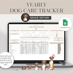 Puede incluir: Una plantilla de Google Sheets imprimible digital para hacer un seguimiento del cuidado de tu perro. La plantilla incluye un calendario mensual, un rastreador de peso y una lista de tareas para realizar un seguimiento. La plantilla está diseñada para dueños de perros Boxer. La imagen muestra la pantalla de una computadora portátil que muestra la plantilla y un perro Boxer de dibujos animados.