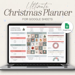 May include: A laptop computer displaying a Google Sheets spreadsheet with a Christmas planner template. The spreadsheet includes sections for gift lists, countdown to Christmas, advent calendar ideas, and a budget tracker. The spreadsheet has a festive Christmas theme with illustrations of ornaments, presents, and a Christmas tree.