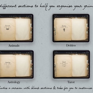 May include: Four digital pages of a grimoire app, each with a different section title: Animals, Deities, Astrology, and Tarot. The pages are open and blank, with a decorative title at the top of each page.