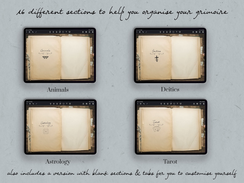 May include: Four digital pages of a grimoire app, each with a different section title: Animals, Deities, Astrology, and Tarot. The pages are open and blank, with a decorative title at the top of each page.