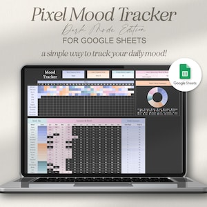 Puede incluir: Un portátil que muestra una hoja de cálculo "Pixel Mood Tracker" en modo oscuro. La pantalla muestra un gráfico de estado de ánimo codificado por colores y el logotipo de Google Sheets. El texto dice "a simple way to track your daily mood!"