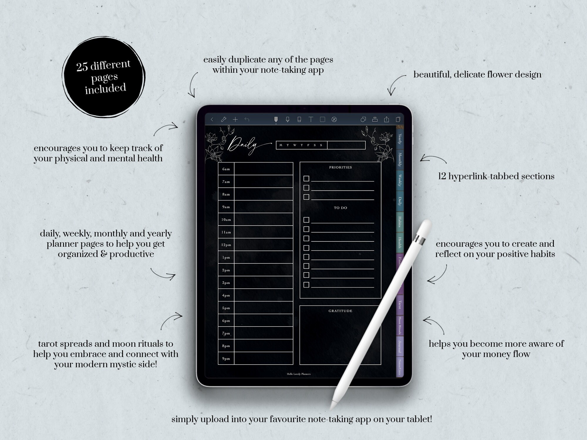 Digital Planner Dark Mode Undated Yearly Planner Modern Etsy